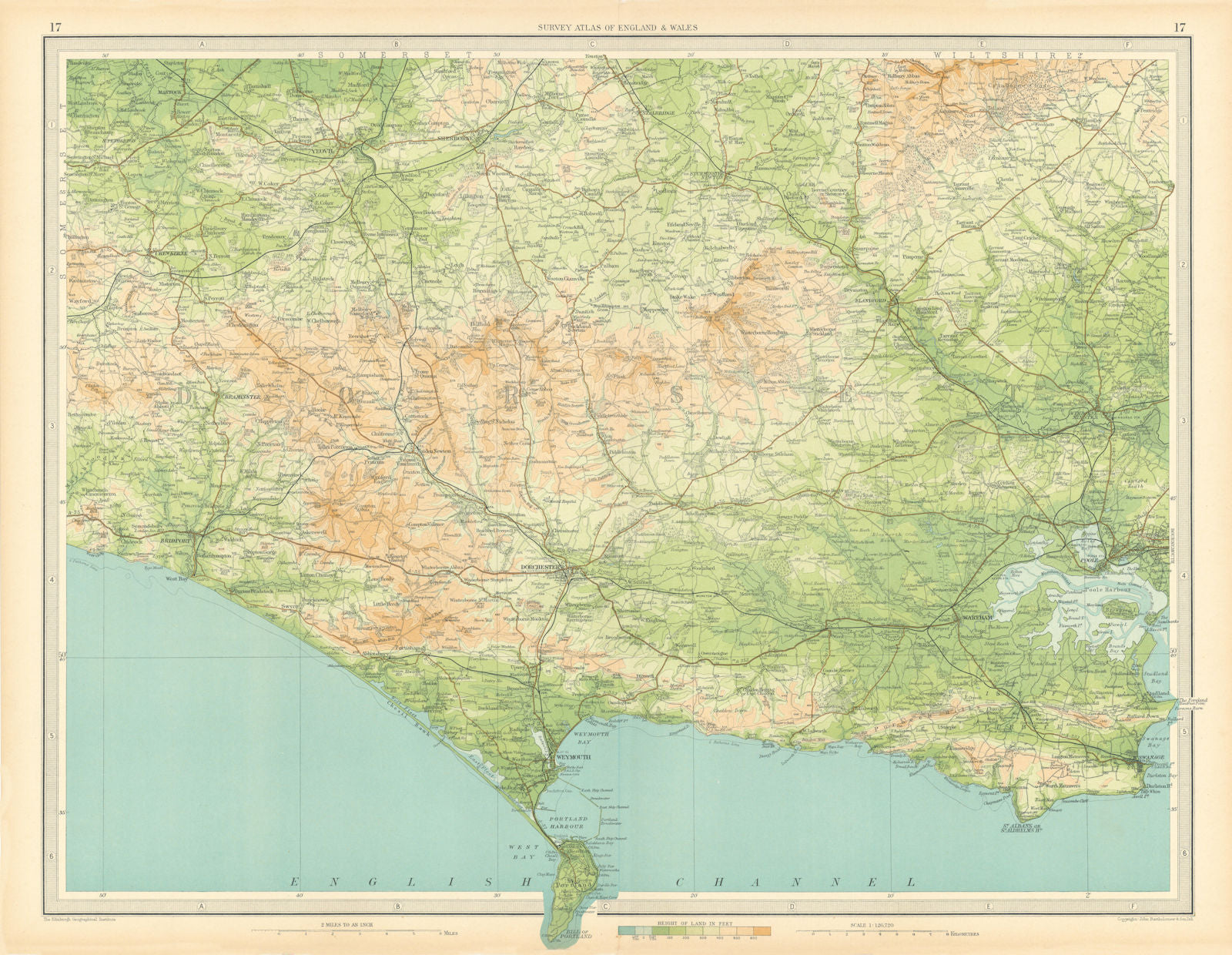 DORSET Weymouth Portland Dorchester Poole Yeovil Blandford. LARGE 1939 old map
